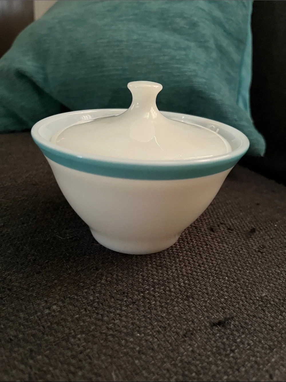 Vintage Pyrex White Milk Glass Sugar Bowl with Turquoise Rims
